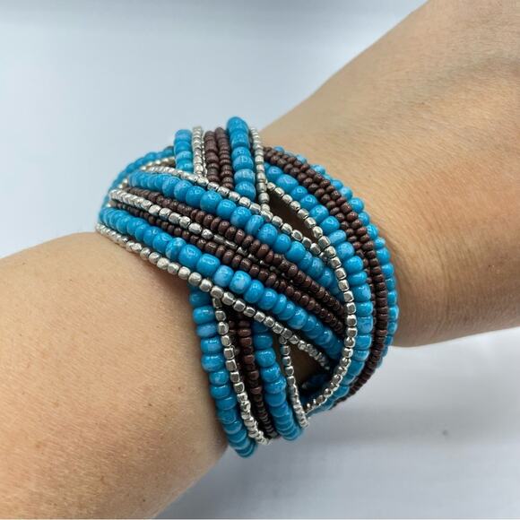 Teal & Brown Beaded Stretch Bracelet Cuff Twisted Boho - Picture 1 of 6